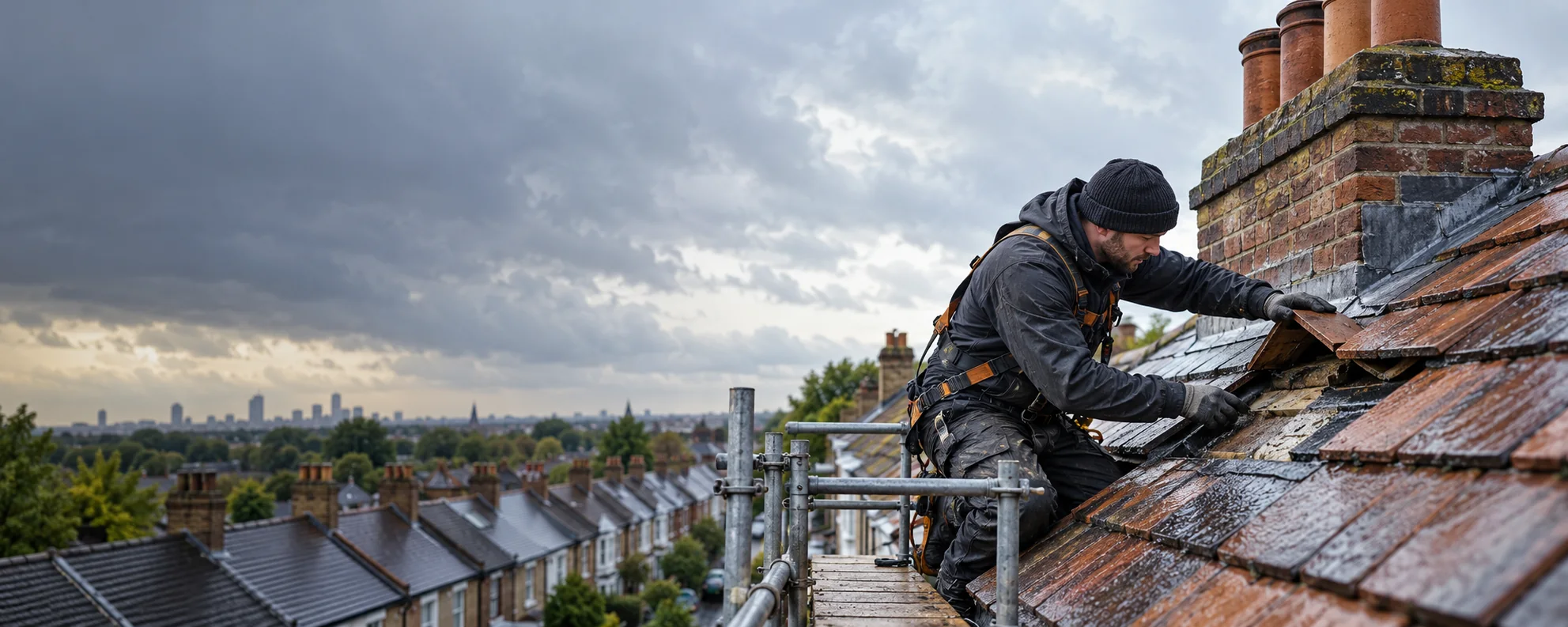 AI-generated illustrative image for roof leak showing the relevant work in a UK setting